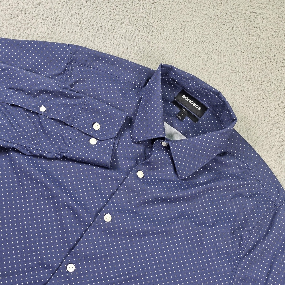 Bonobos Shirt Mens Large Blue Polka Dot Slim Fit Stretch Long Sleeve Button‎ Up